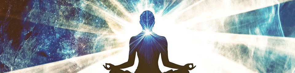 Wall Mural - Meditative energy radiates in the lotus position amidst the cosmic universe