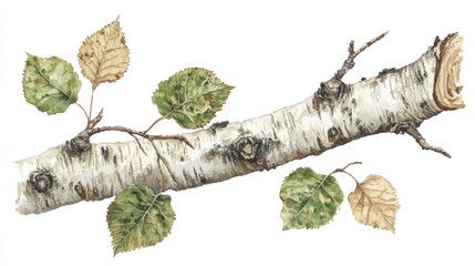 Birch tree branches and leaves, painted in watercolor style, isolated on a clear background for design projects