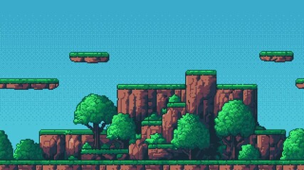 Wall Mural - 8-bit pixel art game level background animation. retro style pixelated video. blue sky. trees and mo