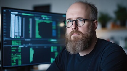 Focused programmer in front of a computer monitor displaying code