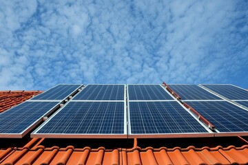 Wall Mural - solar panel installation on roof of home in germany under clear blue sky with red tile design