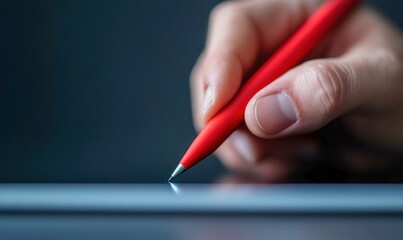 A person's hand uses a red stylus to interact with a digital tablet on a dark background.