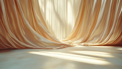 Poster - Soft golden fabric drapes elegantly in a sunlit room, creating a serene atmosphere perfect for an artsy photoshoot or design project