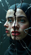 © Ernesto - A biometric mirror fractures along facial recognition points, each shard displaying a different deepfake persona stealing aspects of the victim's identity.