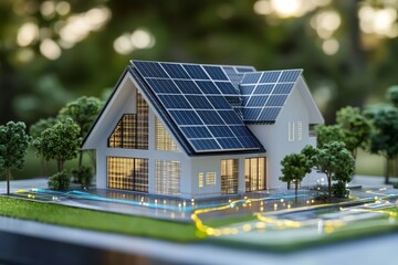 Wall Mural - smart home digital twin featuring solar panels and energy management in green building technology