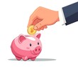 © Shelley - Businessman.s hand inserting a coin into a pink piggy bank. Flat design cartoon illustration with minimalistic style, simple shapes, and white background. Budget and saving concept.