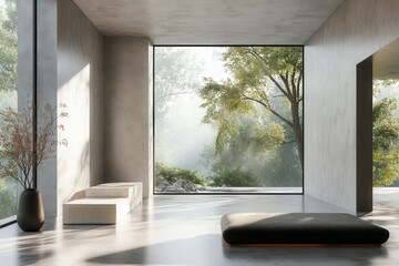 Aufkleber - Modern minimalist interior with large windows offering nature views in a serene environment during daylight