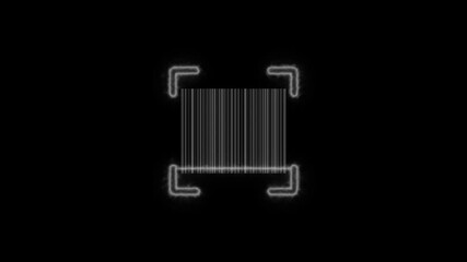 A neon scanner icon animates with a glowing, sweeping light across a barcode, 