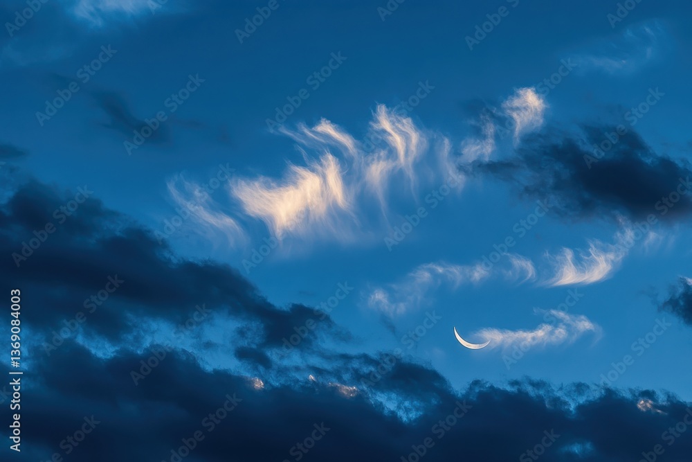 Serene night sky with a crescent moon partially obscured by fluffy ...