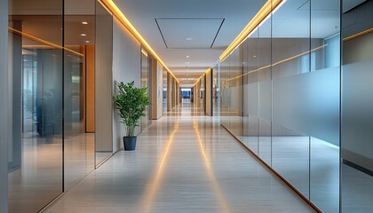 Fototapete - Modern hallway showcasing glass walls, polished floors, and decorative plants in a contemporary building during daylight hours