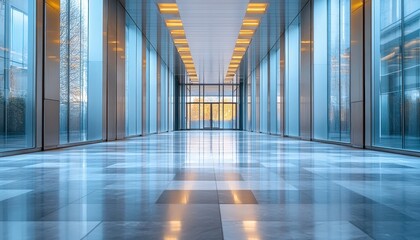 Poster - Modern hallway showcasing glass walls, polished floors, and decorative plants in a contemporary building during daylight hours