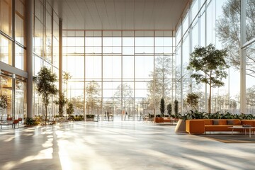 Poster - Modern interior of a sunlit hall featuring large windows, seating areas, potted plants, and a reception desk with people engaged in various activities during the afternoon