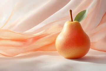 Fototapete - Fresh yellow pear rests elegantly on soft white fabric, showcasing natural beauty in morning light with delicate green leaves enhancing its charm