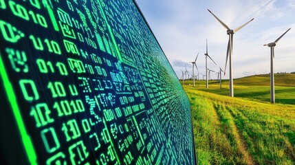 Green energy data displayed on a screen beside a wind farm.  Digital technology and renewable energy sources.