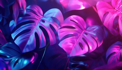 Poster - Vibrant tropical leaves illuminated by neon lights in a captivating and colorful display
