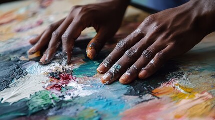 Poster - Artist's hands create intricate patterns on a colorful canvas in a dimly lit studio, capturing the essence of creativity during an evening session