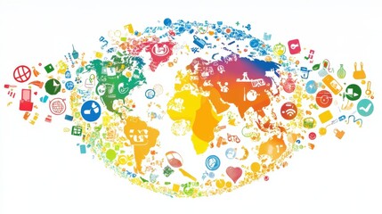 Colorful World Map with Icons Representing Technology, Health, Environment, and Culture for Global Connectivity and Collaboration Concepts
