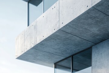 Fototapete - Modern concrete building with glass windows and innovative architectural design showcasing a minimalist aesthetic in a bright urban setting