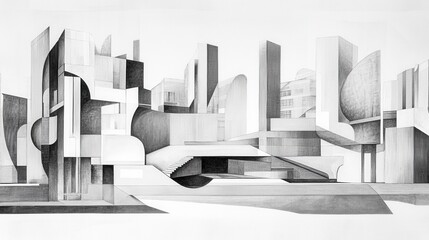 Aufkleber - Conceptual architectural design showcasing modern structures in a monochromatic style with dynamic shapes and forms at an urban location