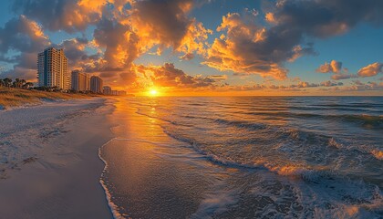 Poster - Vibrant sunset casts colorful reflections on calm waters at a tranquil beach near the shore showcasing a beautiful natural landscape