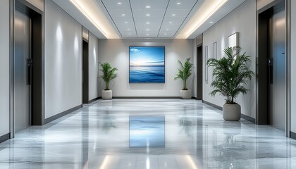 Aufkleber - Modern interior hallway featuring artwork and elegant lighting in a contemporary building during the day