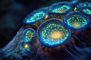 Bio-luminescent underwater fungi glowing with vibrant teal and gold light.