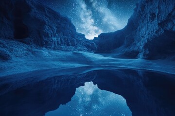 Wall Mural - Starry night sky reflected in a calm, deep blue pool within a rocky canyon.