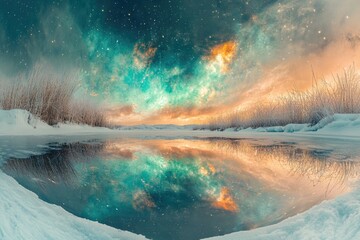 Wall Mural - A breathtaking winter landscape reflects a vibrant, star-filled sky, creating a surreal and magical scene.