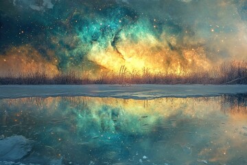 Wall Mural - A serene winter landscape reflecting a vibrant nebula in a frozen lake under a starry night sky.