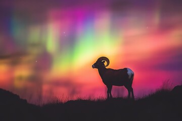 Wall Mural - Silhouette of a majestic bighorn sheep against a vibrant, colorful aurora borealis sky.