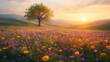 © Sarawut - Beautiful flower field with a tree in the middle, a sunset, rolling hills, vibrant colors, wildflowers, springtime, a serene landscape, a peaceful atmosphere