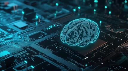 a futuristic representation of a glowing brain placed on a circuit board, symbolizing the intersecti