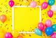 © chanwut - Bright yellow background, white square frame, colorful balloons, vibrant confetti, summer, confetti