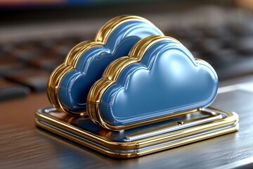 Wall Mural - metallic blue clouds on gold base representing digital storage