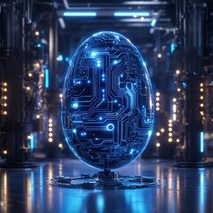 Wall Mural - colorful easter concept, futuristic egg-shaped sculpture with glowing circuitry design.