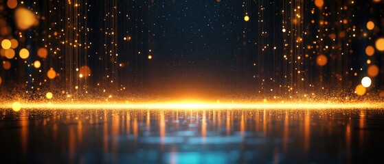 Wall Mural - Golden glitter descends onto a reflective surface creating a brilliant shimmering effect  The dark background contras