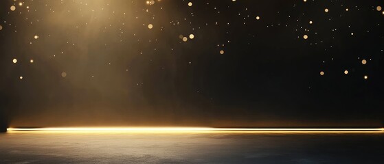 Wall Mural - Golden light illuminates a dark surface creating a dramatic minimalist scene with shimmering particles