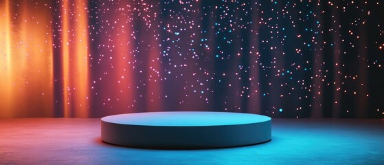 Wall Mural - Illuminated cylindrical platform against a backdrop of shimmering multicolored lights  The scene evokes a feeling of m