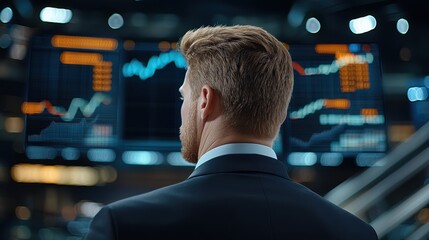 Wall Mural - businessman in suit analyzing market data financial graphs and charts displayed on digital screen in