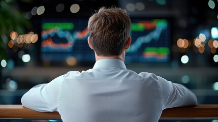 Wall Mural - businessman sitting at desk intently analyzing financial market trends and business analytics displa