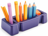 Colorful Pencils and Eraser Resting in a Purple Holder, a 3D Rendered Illustration for Art Supplies