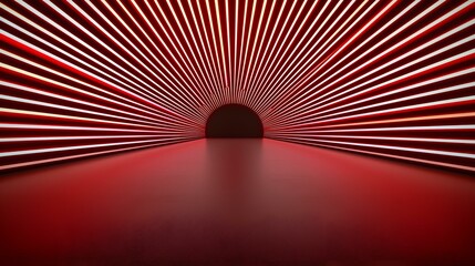 Wall Mural - a dark red room with a glowing red and white striped tunnel leading to a dark archway at the far end