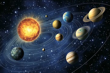 solar system illustration featuring planets orbiting the sun in space