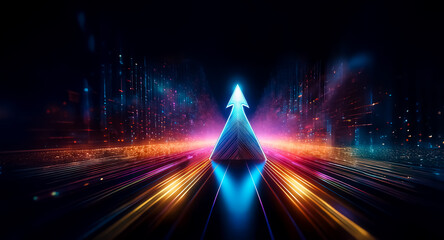 Wall Mural - a bright arrow of blue, pink, and orange light points upwards from the dark. light streaks radiate o