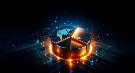 Wall Mural - A glowing 3D pie chart displays a world map texture, radiating bright blue and orange lights against a dark, digital backdrop. Segments are clearly defined, symbolizing global data.