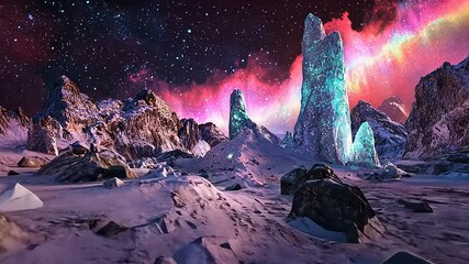 Wall Mural - Majestic alien landscape with towering crystals under a vibrant cosmic sky filled with stars