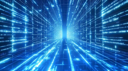 Futuristic digital tunnel of glowing blue binary code and lines, symbolizing data and network speed.
