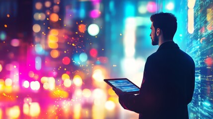 Data analyst viewing technology on tablet against a vibrant city light display. Modern innovation.
