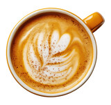 Cup with pumpkin latte isolated on transparent background, top view