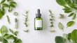 © WiiTforce - Stylish skincare dropper bottle showcased alongside lush green leaves designed for clean natural and organic branding of herbal extracts or botanical serums
